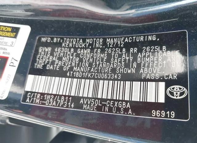 4T1BD1FK7CU063343 2012 2012 Toyota Camry- Hybrid Xle 9