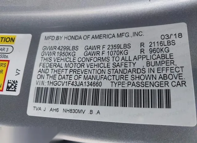 1HGCV1F43JA134660 2018 2018 Honda Accord- EX 9