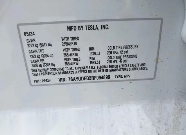 7SAYGDED2RF094899 2024 2024 Tesla Model Y 9