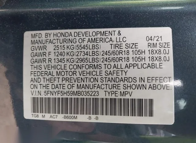 5FNYF5H59MB035223 2021 2021 Honda Pilot- 2Wd Ex-L 9