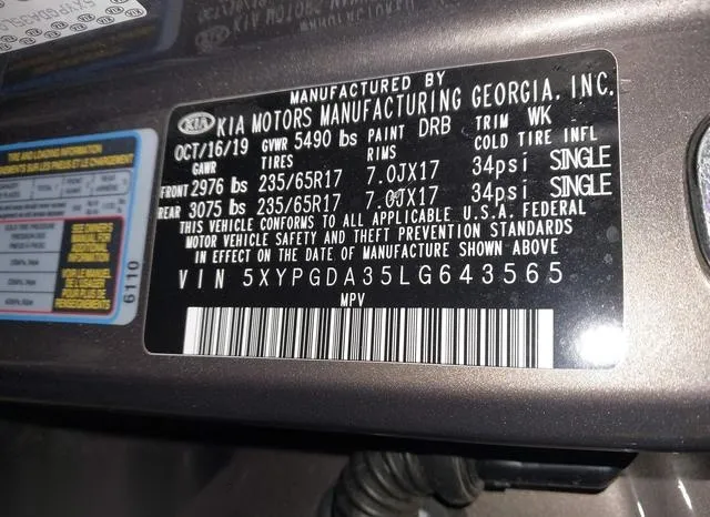 5XYPGDA35LG643565 2020 2020 KIA Sorento- 2-4L Lx 9