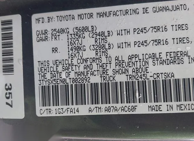 3TYSX5EN0LT002892 2020 2020 Toyota Tacoma- SR 9