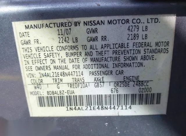 1N4AL21E48N447114 2008 2008 Nissan Altima- 2-5 S 9