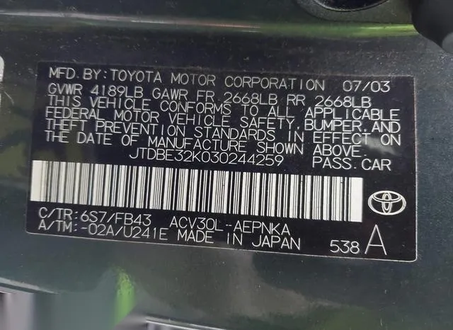 JTDBE32K030244259 2003 2003 Toyota Camry- LE 9