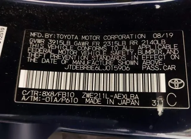 JTDEBRBE6LJ015906 2020 2020 Toyota Corolla- Hybrid Le 9