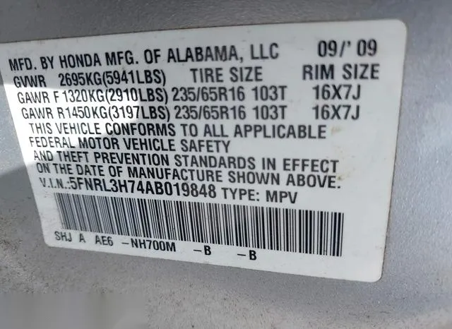 5FNRL3H74AB019848 2010 2010 Honda Odyssey- Ex-L 9