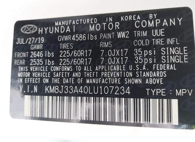 KM8J33A40LU107234 2020 2020 Hyundai Tucson- Value 9