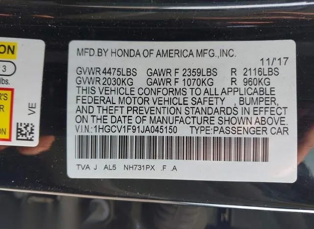 1HGCV1F91JA045150 2018 2018 Honda Accord- Touring 9