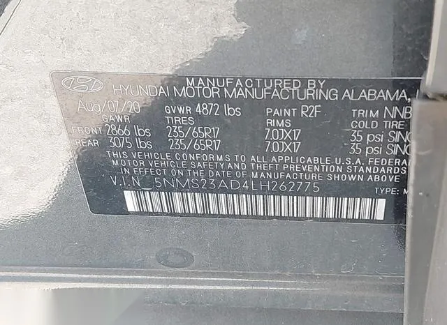 5NMS23AD4LH262775 2020 2020 Hyundai Santa Fe- SE 9