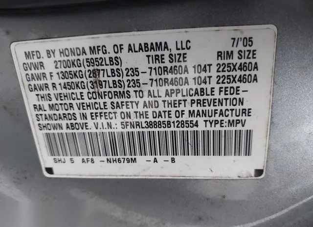 5FNRL38885B128554 2005 2005 Honda Odyssey- Touring 9