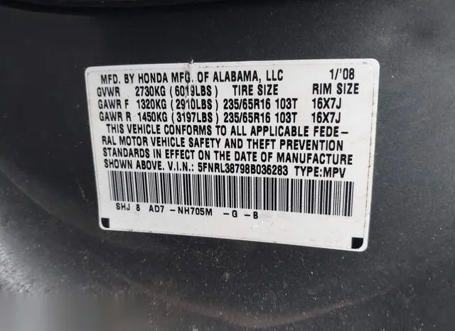 5FNRL38798B036283 2008 2008 Honda Odyssey- Ex-L 9