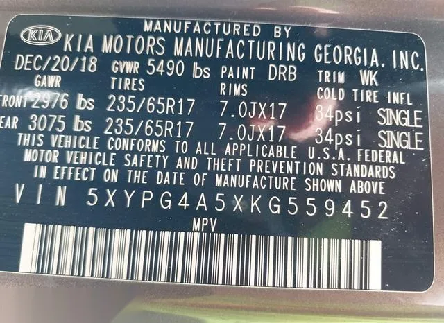 5XYPG4A5XKG559452 2019 2019 KIA Sorento- 3-3L Lx 9