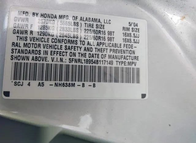 5FNRL18954B117149 2004 2004 Honda Odyssey- Ex-L 9