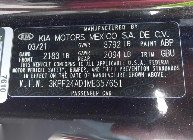 3KPF24AD1ME357651 2021 2021 KIA Forte- Lxs 9