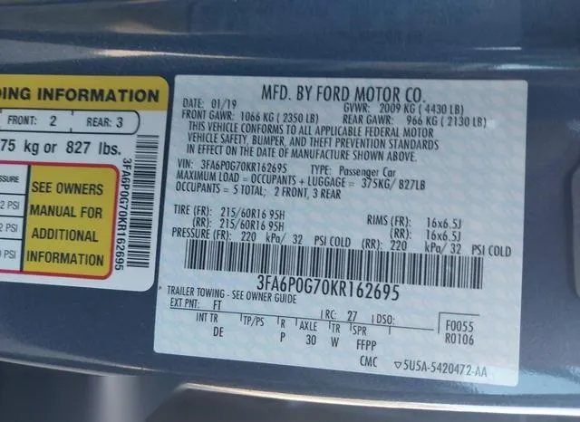 3FA6P0G70KR162695 2019 2019 Ford Fusion- S 9