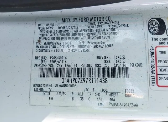 3FAHP07Z97R111438 2007 2007 Ford Fusion- SE 9