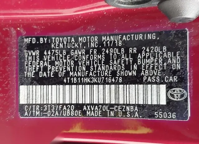 4T1B11HK3KU716478 2019 2019 Toyota Camry- LE 9