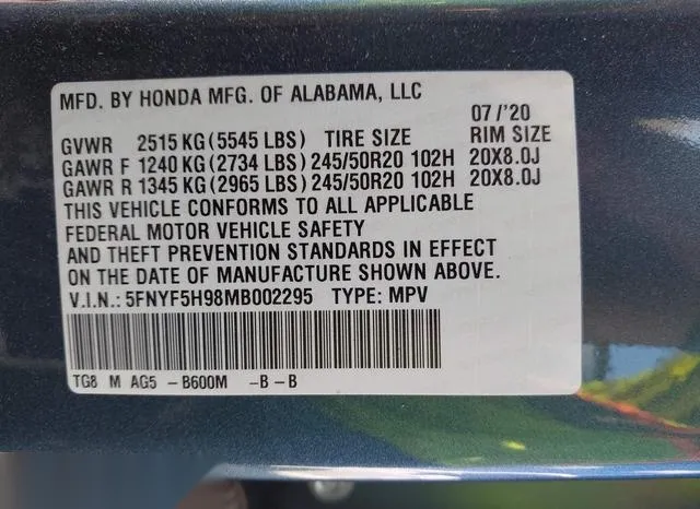 5FNYF5H98MB002295 2021 2021 Honda Pilot- 2Wd Touring 8 Passe 9