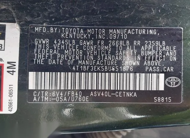 4T1BF3EK5BU651876 2011 2011 Toyota Camry- LE 9