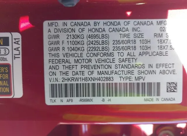 2HKRW1H8XNH402883 2022 2022 Honda CR-V- 2Wd Ex-L 9