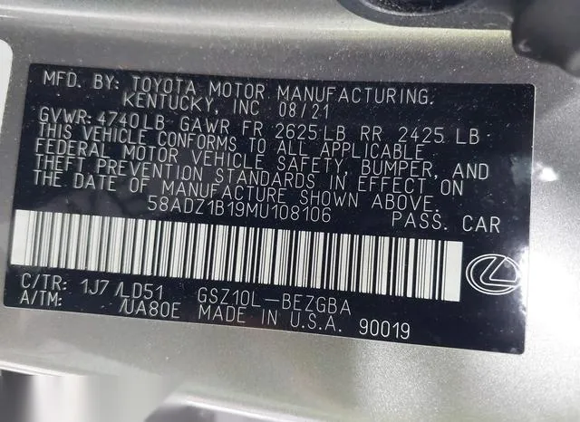 58ADZ1B19MU108106 2021 2021 Lexus ES- 350 9