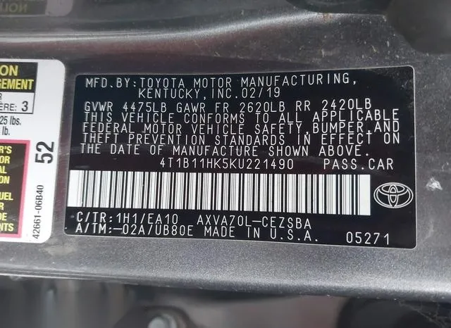 4T1B11HK5KU221490 2019 2019 Toyota Camry- SE 9