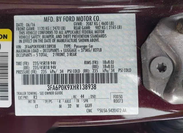 3FA6P0K9XHR138938 2017 2017 Ford Fusion- Titanium 9