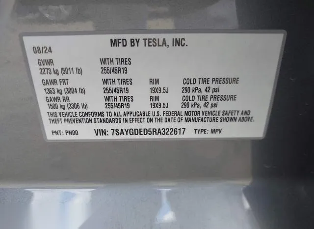 7SAYGDED5RA322617 2024 2024 Tesla Model Y- Long Range Dual 9