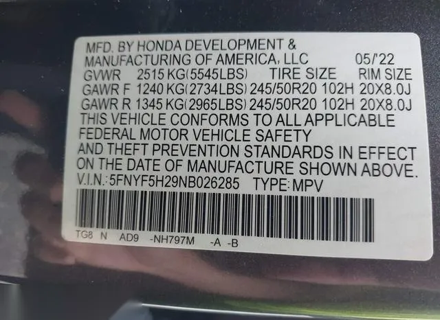 5FNYF5H29NB026285 2022 2022 Honda Pilot- 2Wd Special Edition 9