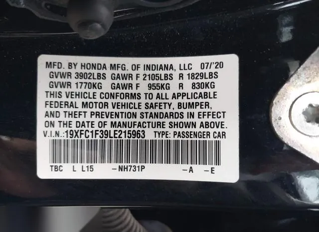 19XFC1F39LE215963 2020 2020 Honda Civic- EX 9