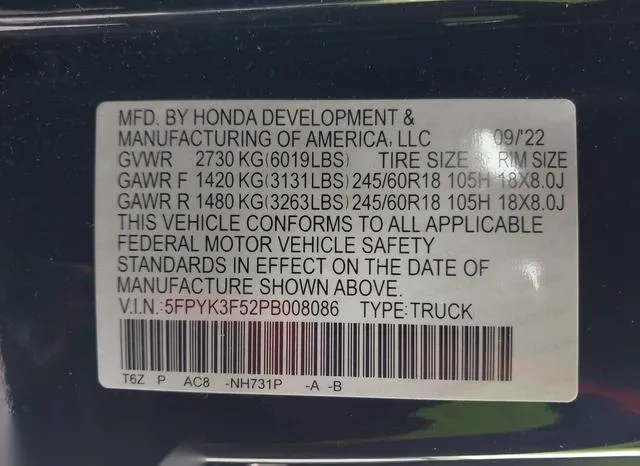 5FPYK3F52PB008086 2023 2023 Honda Ridgeline- Rtl 9