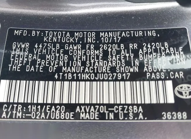 4T1B11HK0JU027917 2018 2018 Toyota Camry- SE 9