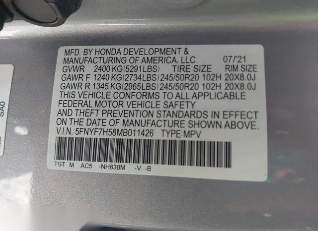 5FNYF7H58MB011426 2021 2021 Honda Passport- 2Wd Ex-L 9