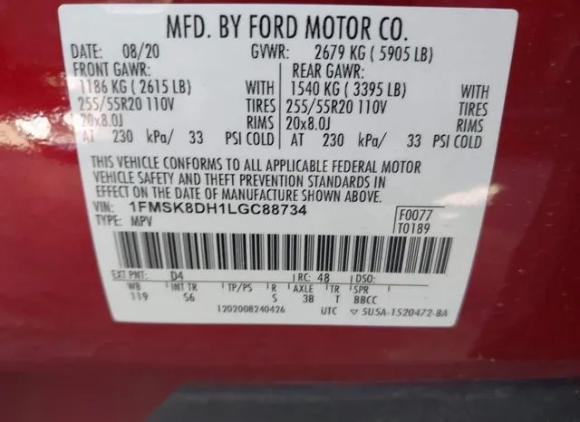 1FMSK8DH1LGC88734 2020 2020 Ford Explorer- Xlt 9