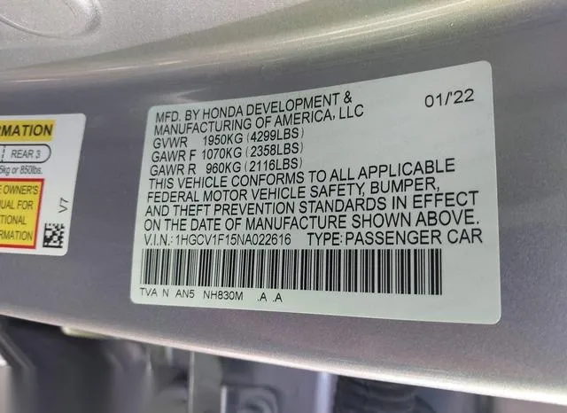 1HGCV1F15NA022616 2022 2022 Honda Accord- LX 9