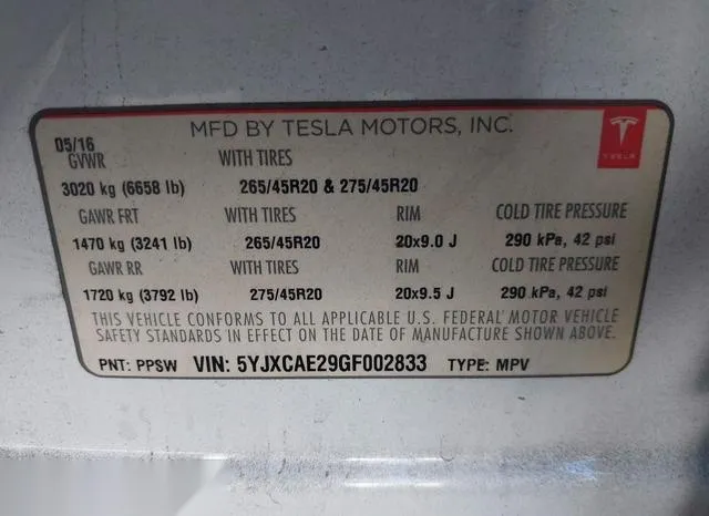 5YJXCAE29GF002833 2016 2016 Tesla Model X- 60D/70D/75D/90D 9