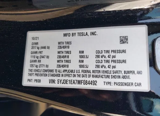 5YJ3E1EA7MF084492 2021 2021 Tesla Model 3- Standard Range P 9