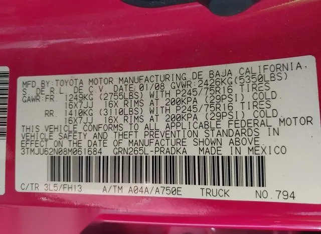 3TMJU62N08M061684 2008 2008 Toyota Tacoma- Prerunner V6 9