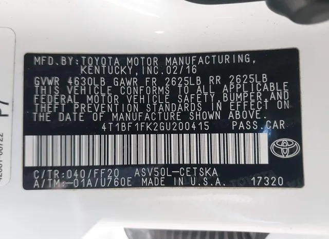 4T1BF1FK2GU200415 2016 2016 Toyota Camry- SE 9