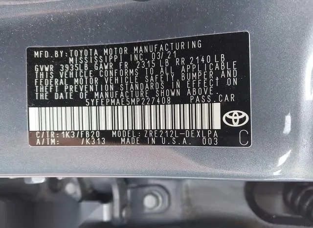 5YFEPMAE5MP227408 2021 2021 Toyota Corolla- LE 9