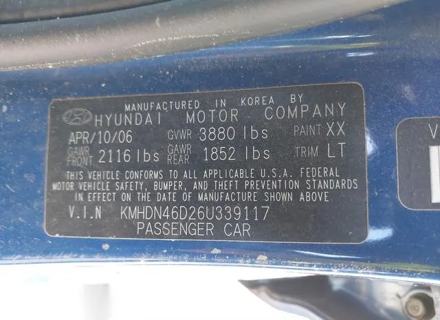 KMHDN46D26U339117 2006 2006 Hyundai Elantra- Gls/Limited 9