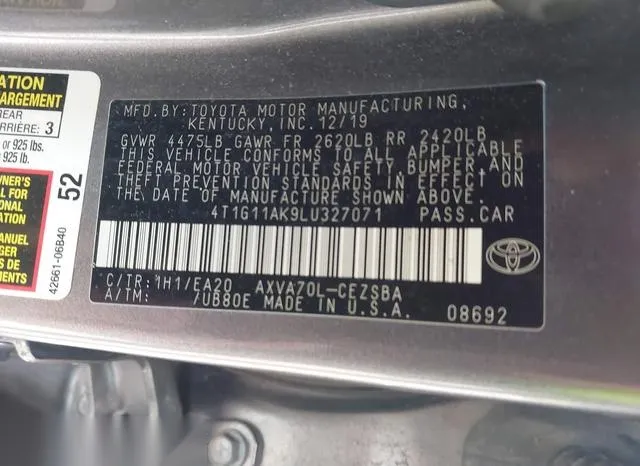 4T1G11AK9LU327071 2020 2020 Toyota Camry- SE 9