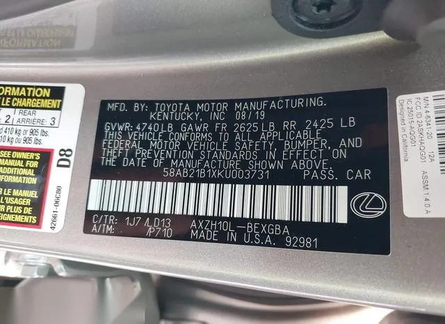 58AB21B1XKU003731 2019 2019 Lexus ES- 300H 9