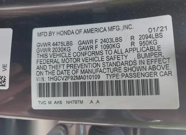 1HGCV2F92MA010109 2021 2021 Honda Accord- Touring 9