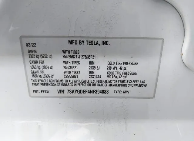 7SAYGDEF4NF394083 2022 2022 Tesla Model Y- Performance Dual 9