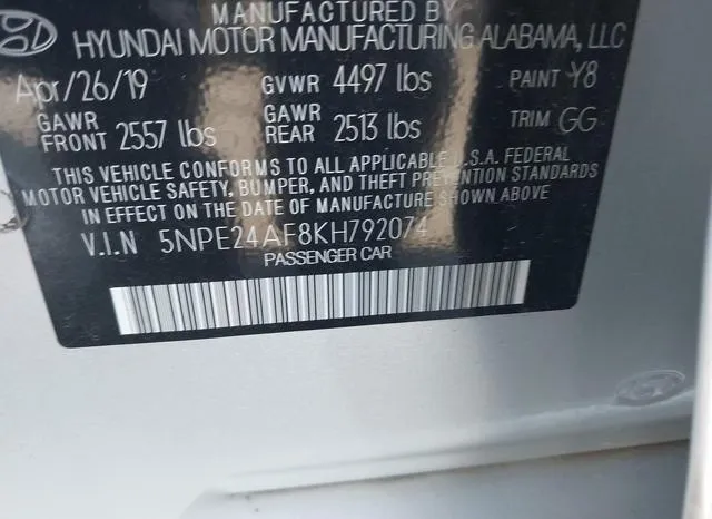 5NPE24AF8KH792074 2019 2019 Hyundai Sonata- SE 9