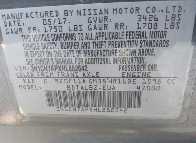 3N1CN7APXHL882542 2017 2017 Nissan Versa- 1-6 SV 9