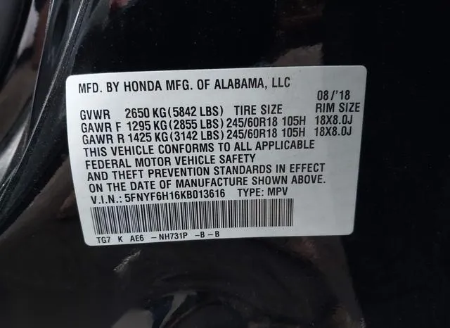 5FNYF6H16KB013616 2019 2019 Honda Pilot- LX 9