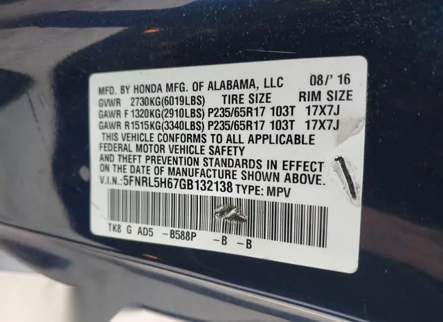 5FNRL5H67GB132138 2016 2016 Honda Odyssey- Ex-L 9