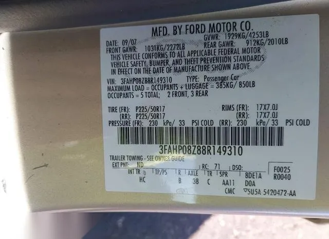 3FAHP08Z88R149310 2008 2008 Ford Fusion- Sel 9